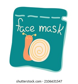 Moisturizing Face Mask. Face mask with snail. Packaging Facial mask surrounded. Cosmetics for face and self care. Hand draw Vector cartoon illustration.