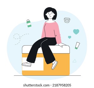 Moisturizing face skin care. Young girl sits on large yellow jar of cream. Organic products for spa treatments, cosmetics, beauty and hygiene. Poster or banner. Cartoon flat vector illustration