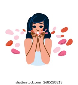 Tratamiento hidratante de la piel de la cara con los pétalos que caen, mujer que aplica la crema para la rutina del cuidado de la piel, disfrutando del tratamiento facial sano y del concepto del cuidado del cuerpo, de la belleza y de los cosméticos