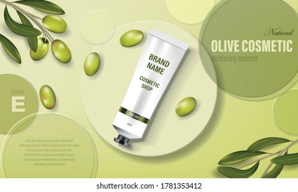 Moisturizing hand cream jar product ad with olive oil. Cosmetic poster ad with green olives and circular disks, realistic tubes. skincare concept design. Vector 3d illustration