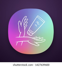 Moisturizing hand cream, sunblock app icon. Feminine hygiene, body care. UI/UX user interface. Web or mobile application. Skincare product vector isolated illustration. Cosmetology, suntan protection