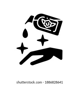 Moisturizing hand sanitizer black glyph icon. Skincare lotion. Liquid soap for personal hygiene. Cosmetic product. Dermatology care. Silhouette symbol on white space. Vector isolated illustration