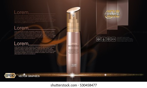 Moisturizing Lotion cosmetic ads template. Hydrating Skin Protection. Mockup 3D Realistic illustration. Sparkling dark background 