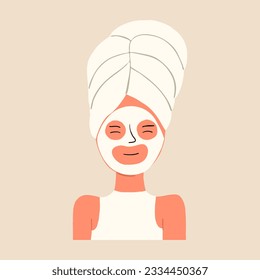 Moisturizing mask on the face of a young woman. Facial care. Vector illustration in flat style