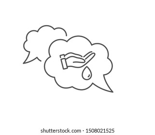 Moisturizing oil line icon. Chat bubble design. Wash hands symbol. Skin care sign. Outline concept. Thin line wash hands icon. Vector