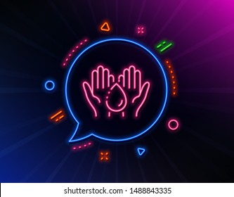 Moisturizing oil line icon. Neon laser lights. Skin care sign. Wash hands symbol. Glow laser speech bubble. Neon lights chat bubble. Banner badge with wash hands icon. Vector