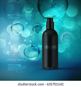 Moisturizing serum ads poster template. Cosmetics product. Cosmetic packaging mockup design. Black bottle with water droplets or bubbles. 3d vector fashion magazine illustration.