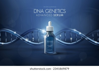 Feuchtigkeitsspendende Vorlage für kosmetische Werbung im Serum. Tropferflasche mit Lichtspout und DNA-Generationen-Molekülen. Kosmetische Innovationstechnologie und Beauty-Konzept. Wirksame Hautpflegeformel für Kollagen.