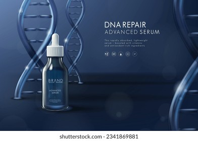 Feuchtigkeitsspendende Vorlage für kosmetische Werbung im Serum. Tropferflasche mit Lichtspout und DNA-Generationen-Molekülen. Kosmetische Innovationstechnologie und Beauty-Konzept. Wirksame Hautpflegeformel für Kollagen.