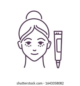 Moisturizing the skin around the eyes black line icon. Young female and cream or gel. Skin care. Cosmetic procedure. Pictogram for web page, mobile app. UI UX GUI design element. Editable stroke.