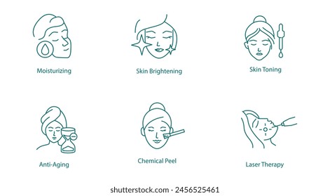 Moisturizing, Skin Brightening, Skin Toning, Anti-Aging, Chemical Peeling, Laser Treatment Vector Icons Collection