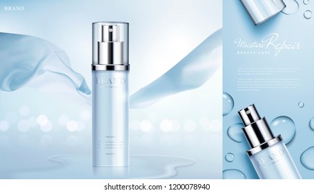 Moisturizing skin care products ads with chiffon elements on glittering bokeh background in 3d illustration