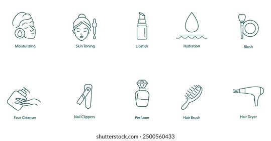 Moisturizing, Skin Toning, Lipstick, Hydration, Blush, Skin Cleanser, Nail Clippers, Perfume, Hairbrush, Hair Dryer Vector Icon Set