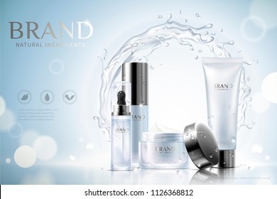 Moisturizing skincare ads with containers and swirling aqua effect on glittering blue background, 3d illustration