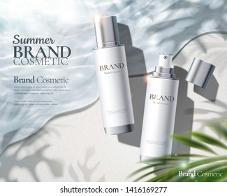 Moisturizing skincare spray ads with products laying on beautiful beach in 3d illustration