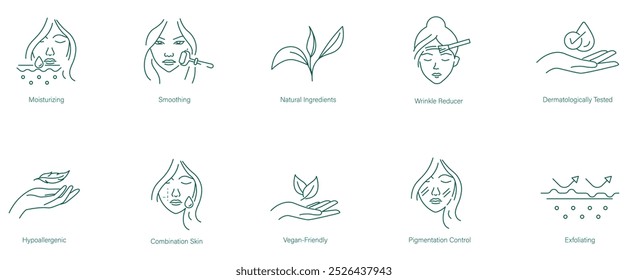 Hidratante, Suavização, Ingredientes Naturais, Redutor de Rugas, Dermatologicamente Testado, Hipoalergênico, Combinação de pele, Regen-Friendly, Pigmentation Control icon set