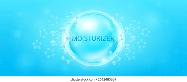 Solução hidratante em cúpula hexagonal transparente com moléculas circundantes átomo azul de colágeno. Banner para anúncios de produtos cosméticos. Proteção da pele para cuidados médicos. Vetor.