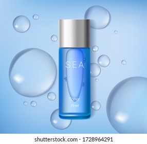 Moisturizing toner cosmetic ads template. Cosmetic toner with water drops. Premium ads. Blue bottle isolated on blue background. Realistic 3d style. Vector illustration.