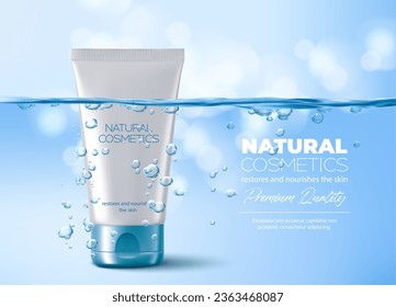 Feuchtigkeits-Kosmetik, Hydratation. Micellar Creme Tube in blauem Wasser mit Luftbläschen. Vektorrealistische Gesichtscreme, Hautpflegegel oder Kosmetikverpackung unter der Wasseroberfläche, Promo-Poster