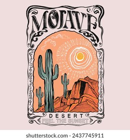 Mojave desert summer print for hand drawn sketch, summer print artwork desert vibes, vintage Arizona print design , feel the sunset, hand draw cactus art of desert illustration