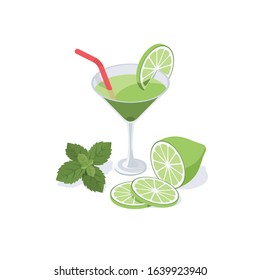 Mojito alcohol drink cocktail, lime mint. Vector 3d isometric, color web icon, new flat style. Creative illustration design, idea for infographics.