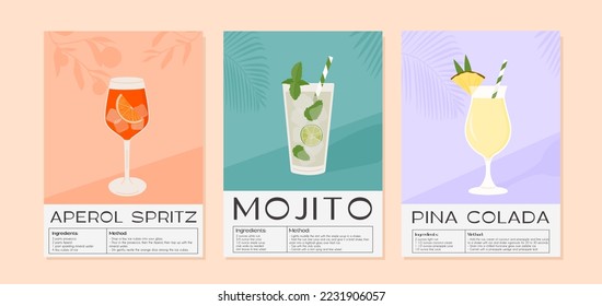 Mojito, Aperol Spritz and Pina Colada Cocktail recipe with ingredient. Summer aperitif with ice. Garnished alcoholic beverage graphic print. Minimalist contemporary vertical print. Vector illustration
