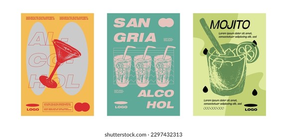 Mojito, Aperol Spritz, Sangria Cocktail recipe with ingredient. Summer aperitif with ice. Garnished alcoholic beverage graphic print. Minimalist contemporary vertical print. Vector illustration