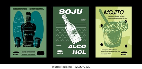 Mojito, Apsinthe, soju Cocktail recipe with ingredient. Summer aperitif with ice. Garnished alcoholic beverage graphic print. Minimalist contemporary vertical print. Vector illustration