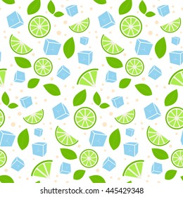 Mojito background. Vector illustration of abstract seamless pattern with ice, lime and mint for your design