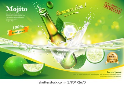 Bebidas Mojito Cubos de hielo en frascos Lime y Splash Ilustración Anuncios vectores 3d