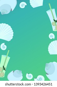 Mojito, blue shells. Summer vector postcard. Design for banner, flyer, poster, greeting card, invitation.
