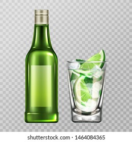 Mojito bottle and glass with liquor, lime slices and ice cubes, alcohol drink flask isolated on transparent background, design elements for advertising. Realistic 3d vector illustration, clip art