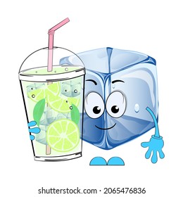 Mojito and cartoon ice cube. Vector illustration on a white background.