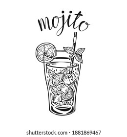 Ilustración vectorial de la mano del cóctel clásico Mojito. Vidrio laminado con hielo y trozo de cal y hojas de paja y menta, para las tarjetas de cóctel. Letrería de mojito casera, ilustración aislada.