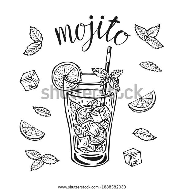 Mojito classic cocktail hand drawn vector
illustration. Lemonade glass with ice and a slice of lime and a
straw and mint leaves, for cocktail cards. Homemade mojito
lettering, isolated
illustration.