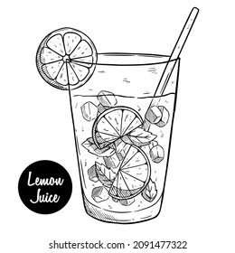 Mojito classic cocktail or lemon juice hand drawn vector illustration. Lemonade glass with ice and a slice of lime and a straw and mint leaves, for cocktail cards. 