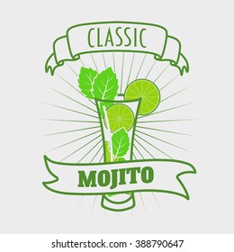 Mojito classic cocktail. Vector illustration of fresh and salty drink. Design element for poster or logo