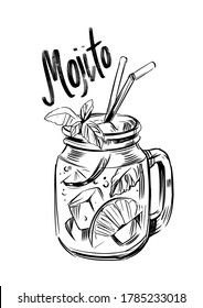 Mojito cocktail. Black outline on transparent background