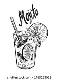 Mojito cocktail. Black outline on transparent background