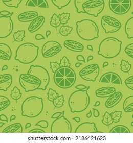 Mojito cocktail citrus for surface design package, banner, template, kitchen, fabric and textile design. Lime, lemon, mint, splash vector seamless pattern in outline style