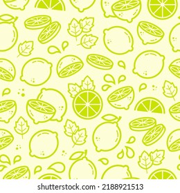 Mojito cocktail citrus for surface design package, banner, template, kitchen, fabric and textile design. Lime, lemon, mint, splash vector seamless pattern in outline style