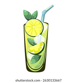 Mojito cocktail. A classic refreshing drink with ice, lime and mint.Vector illustration.	
