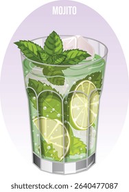 Mojito Cocktail in Collins Glass with Lime, Mint and Ice Cubes Garnish. Traditional Cuban Punch Detailed Illustration