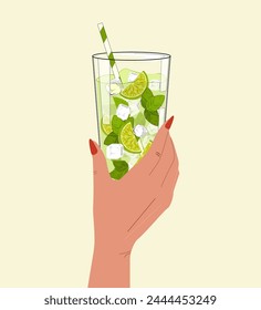 Mojito cocktail. Cute colorful vector illustration. Hand drawn alcohol cocktail. Isolated on white background.