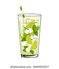 Mojito cocktail. Cute colorful vector illustration. Hand drawn alcohol cocktail. Isolated on white background.