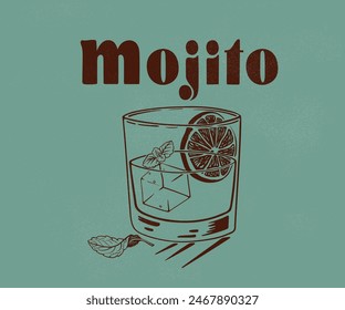 mojito cocktail drinks in glass vector illustration, glass with lemon, mint and ice cube vector art, vintage tropical cocktail artwork for t shirt, sticker, graphic print 