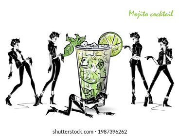 Mojito cocktail. Fashion girl in style sketch with cocktail. Vector Illustration