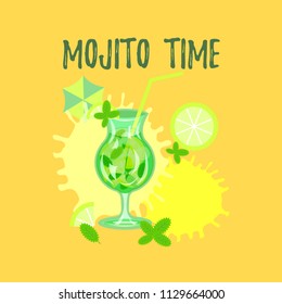 Mojito cocktail flat on orange background.Mojito time flat style. Cocktail Vector illustration for web and mobile design.