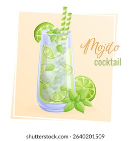 Mojito cocktail in a glass, ice, mint, lime wedges. The concept of a party, cocktail bar, summer. Isolated vector illustration for menu design, posters, banners, covers