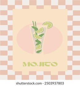 Cóctel de mojito en vaso con rodaja de lima y hoja de menta. Gin tonic. Cosmopolita. Conjunto de Ilustración vectorial de receta de aperitivo de verano.